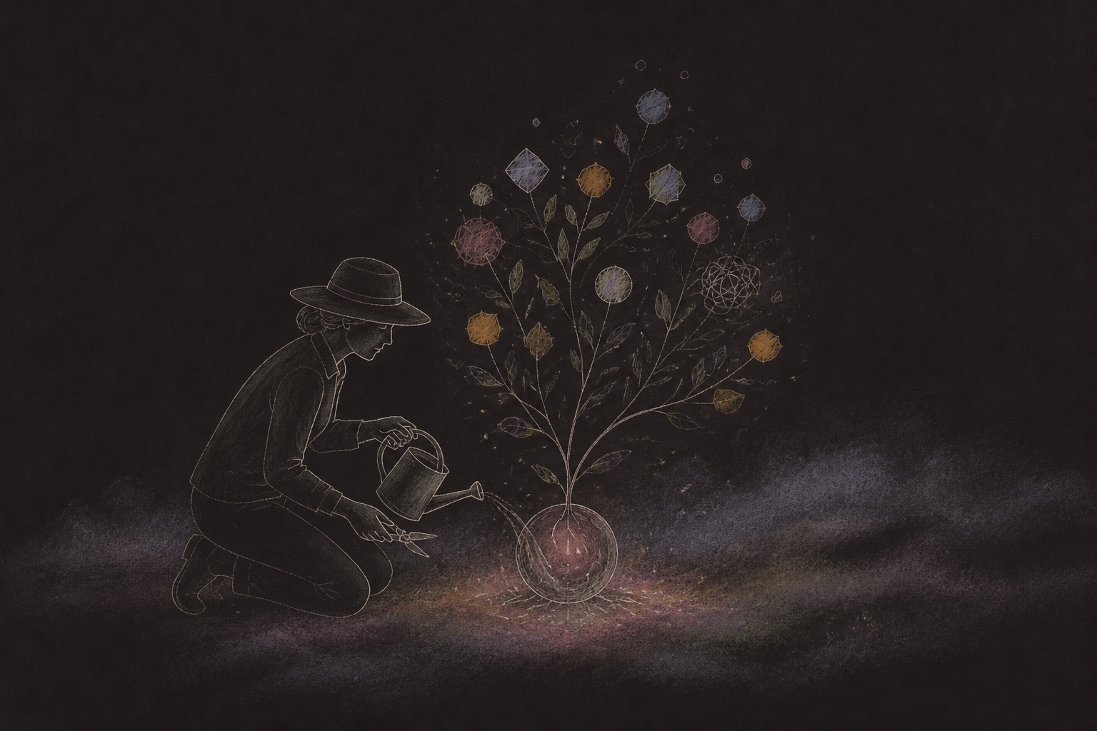 Hand-drawn person tending a growing tree of signals and ideas