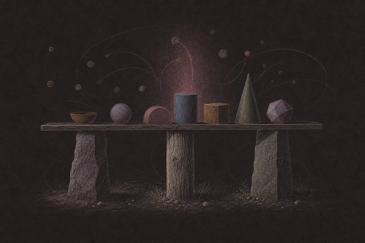 Hand-drawn shelf supporting different ideas and forms on a shared foundation