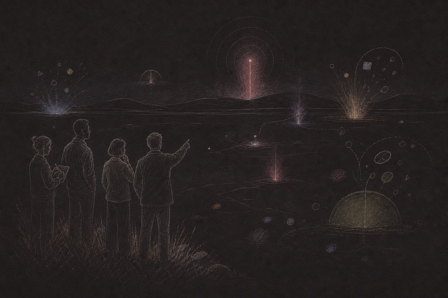 Hand-drawn team looking across a landscape of ideas and pointing toward a shared direction