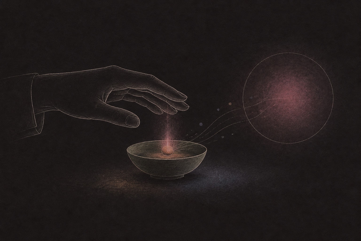 Hand-drawn hand reaching toward a focused signal held in a shared bowl