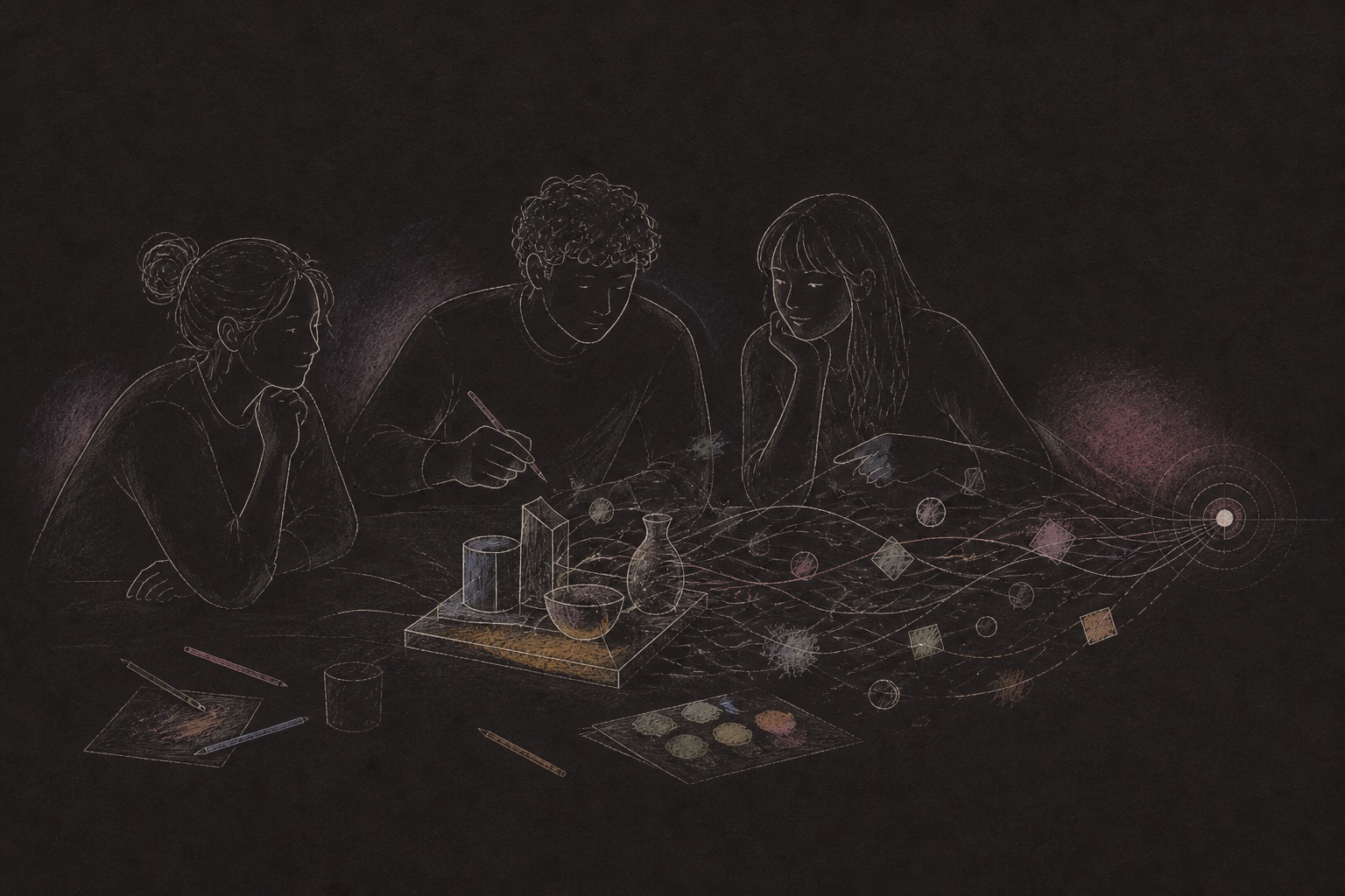 Hand-drawn team working together around a table of emerging ideas